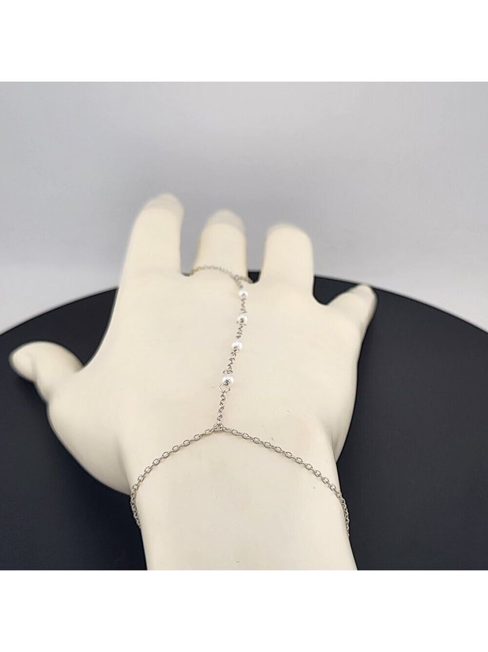 Sterling Silver 925 White Beaded Hand Bracelet with Ring - Picture 8 of 11